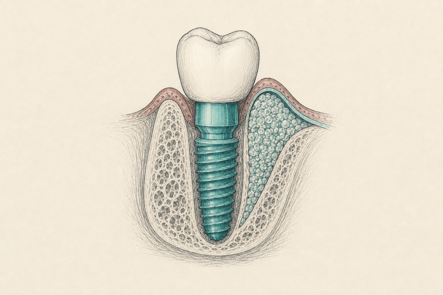 Schéma doplnění kosti kolem implantátu